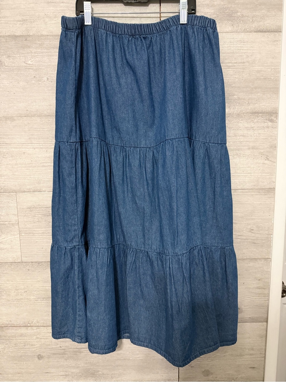 100% Cotton Jean Maxi Skirt Cottagecore Blue Denim Tiered Size Large